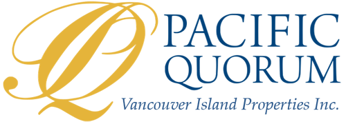 Pacific Quorum Vancouver Island Properties logo with a large italicized golden Q to the left and text in dark blue