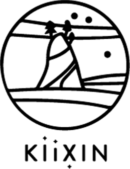 Kiixin logo in black and white outlines of mountain with trees and stars in the background inside black outlined circle