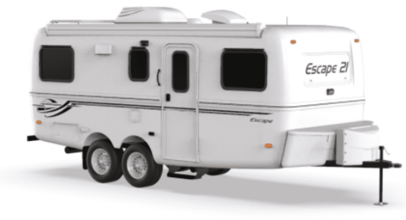 Right-facing escape 21 hitch trailer in white with red lines and four wheels