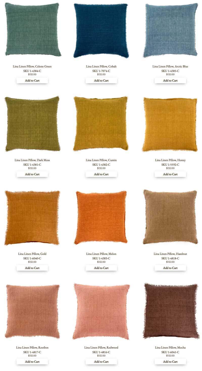 Different colored pillows with SKUs and prices listed underneath each one, displayed in ecommerce store