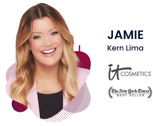 Featured photo of speaker Jamie Kern Lima with featured logos for IT Cosmetics and The New York Times Best Seller to the right