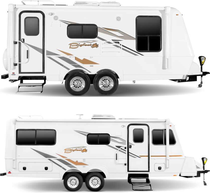 Image of two different types of Bigfoot RV white trailers facing rightwards with side showing with propane gas tank in front