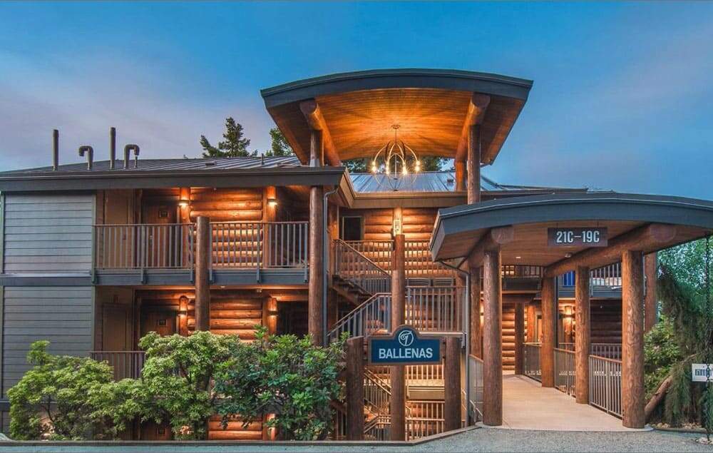 Entrance to Ballenas wooden building Tigh-Na-Mara Seaside Spa Resort Rooms 21C to 19C