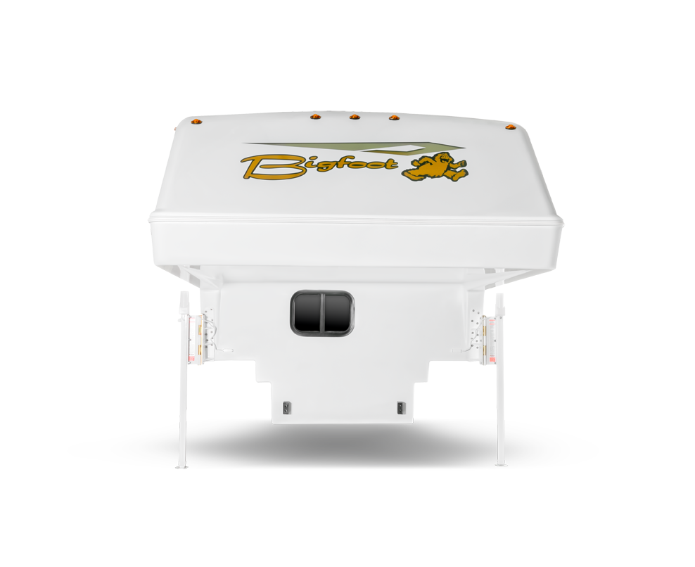 Front side exterior still of Bigfoot 9-6 Camper in white with window and hitch area