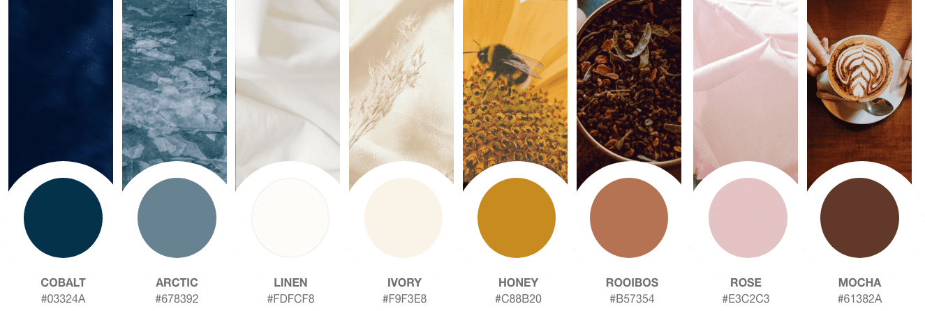 Color palette used for Indaba Trading website, from left to right - Cobalt #03324A, Arctic #678392, Linen #FDFCF8, Ivory #F9F3E8, Honey #C88B20, Roobios #B57354, Rose #E3C2C3, Mocha #61382A